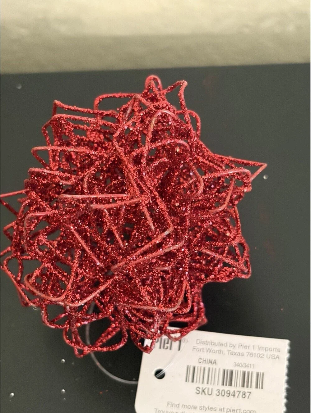 Pier 1 VTG Glitter Ball Wire Ornaments Set Of 3 1Red 2 Silver Tags Hang Or Sit